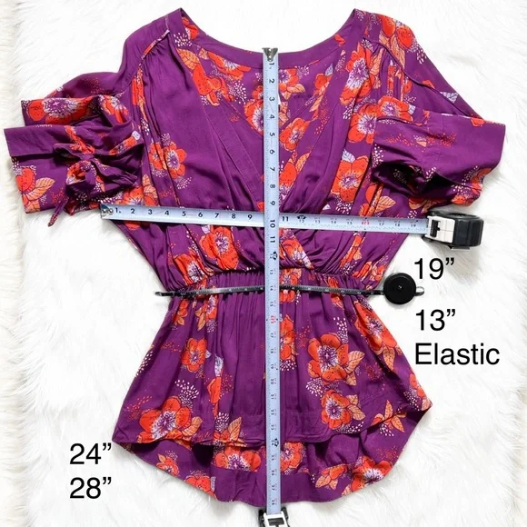 Free People Tropical Floral Print Faux Wrap Tie Sleeve Purple Peplum Blouse - Picture 15 of 15